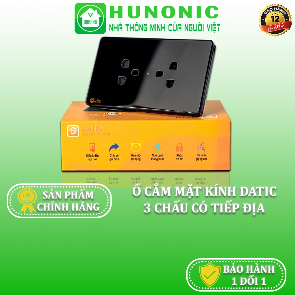 Ổ Cắm Mặt Kính Có Tiếp Địa Hunonic Datic, Ổ Cắm 3 Chấu 2 Ổ - DTLSK02