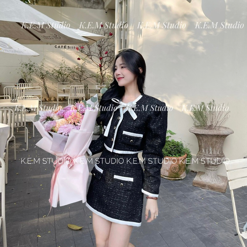 Set Dạ Tweed Áo Croptop Tay Phồng Cổ V Nơ, set Dạ Mix Chân Váy hàng 2 lớp siêu sang chảnh dầy dặn V 19