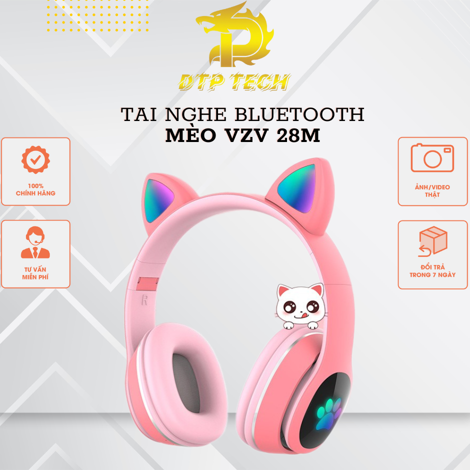 Tai nghe mèo VZV 28M – Có đèn led – Kết nối bluetooth 5.0 - Tai headphone có micro – hỗ trợ điều chỉnh âm lượng – Có cổn