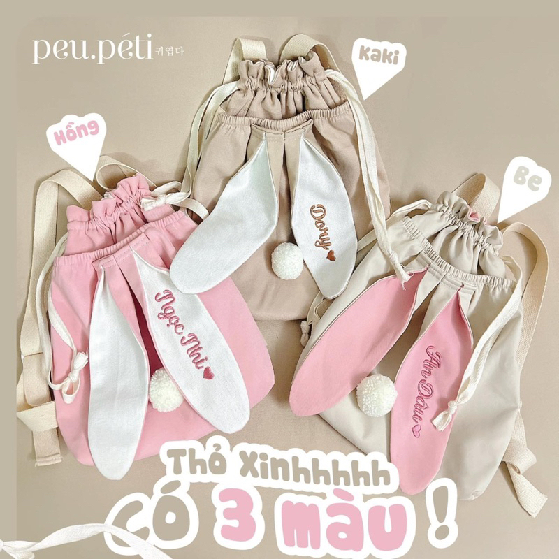THÊU TÊN Balo rút Gấu và Thỏ phiên bản 2 ngăn tiện dụng style Hàn - by Peu.peti