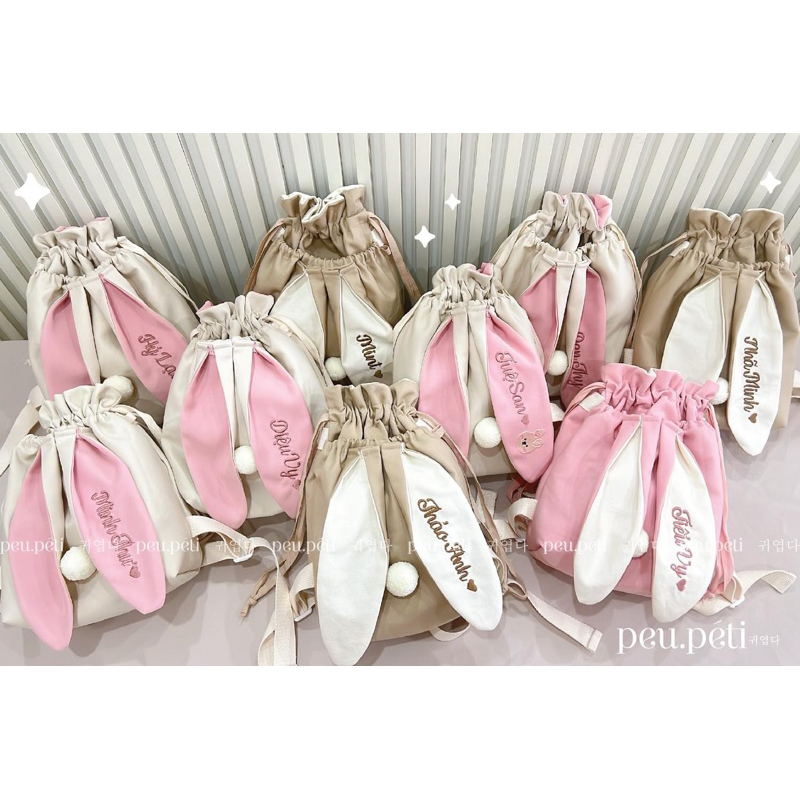 THÊU TÊN Balo rút Gấu và Thỏ phiên bản 2 ngăn tiện dụng style Hàn - by Peu.peti