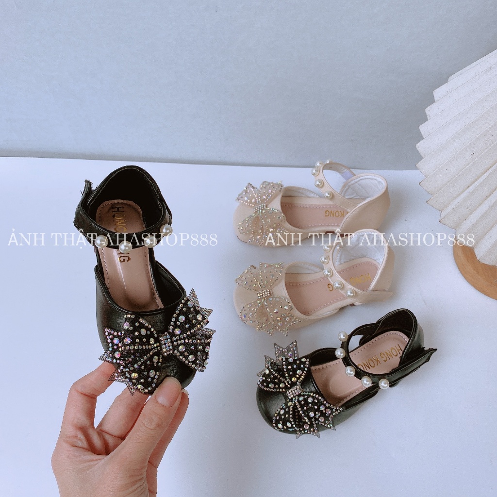 Sz 21-35 Giầy Búp Bê Bít Gót Quai Ngọc Phối Nơ Đá Lấp Lánh Cho Bé Gái Từ 2-10 Tuổi K070BB