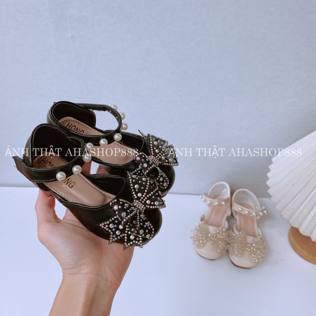Sz 21-35 Giầy Búp Bê Bít Gót Quai Ngọc Phối Nơ Đá Lấp Lánh Cho Bé Gái Từ 2-10 Tuổi K070BB