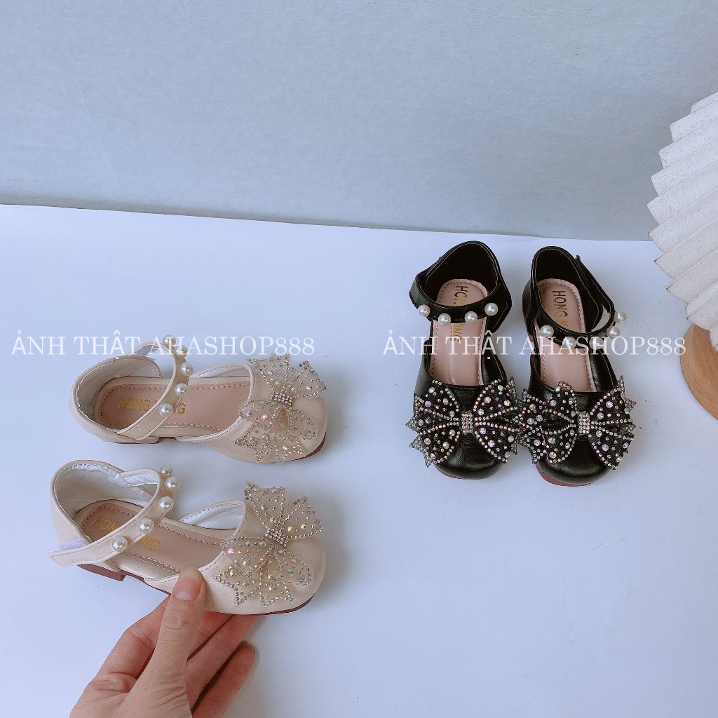 Sz 21-35 Giầy Búp Bê Bít Gót Quai Ngọc Phối Nơ Đá Lấp Lánh Cho Bé Gái Từ 2-10 Tuổi K070BB