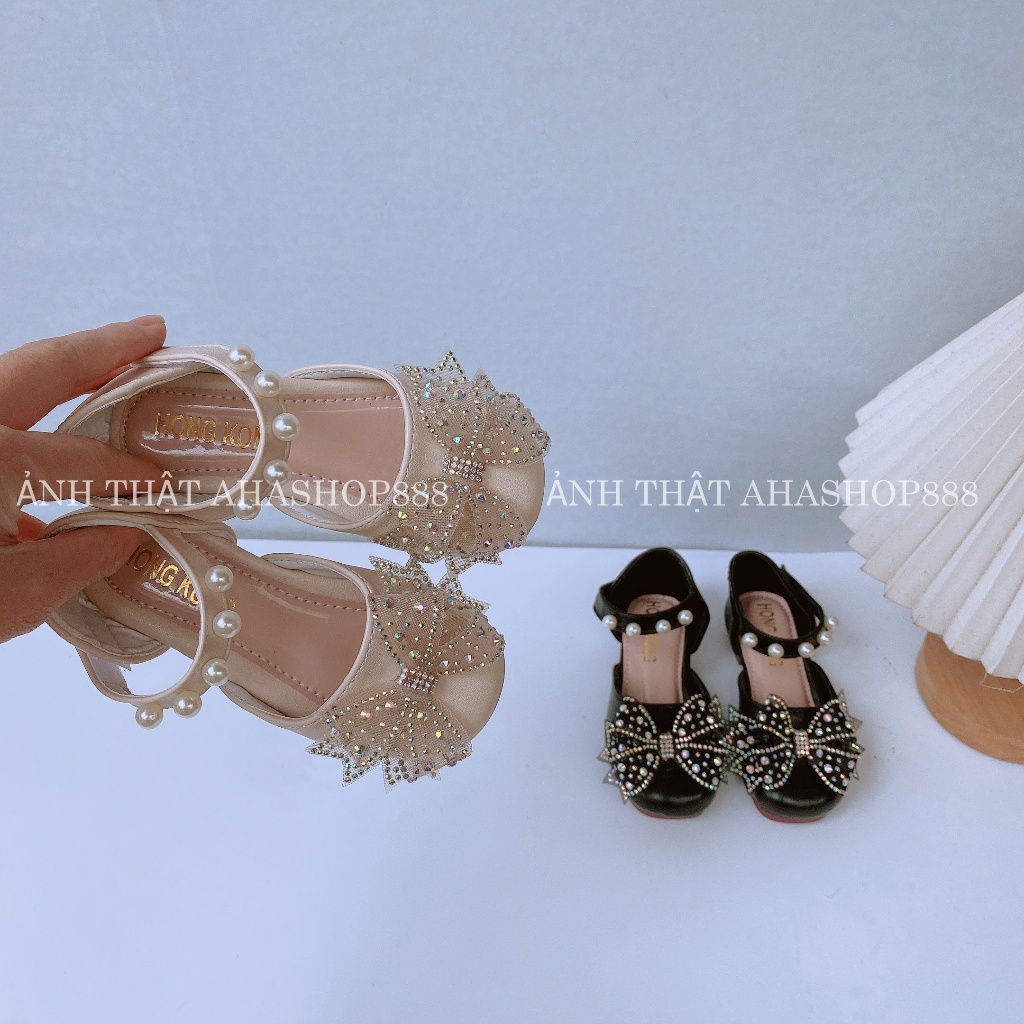 Sz 21-35 Giầy Búp Bê Bít Gót Quai Ngọc Phối Nơ Đá Lấp Lánh Cho Bé Gái Từ 2-10 Tuổi K070BB