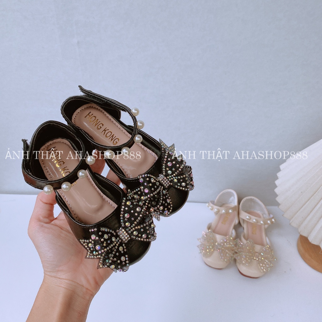 Sz 21-35 Giầy Búp Bê Bít Gót Quai Ngọc Phối Nơ Đá Lấp Lánh Cho Bé Gái Từ 2-10 Tuổi K070BB