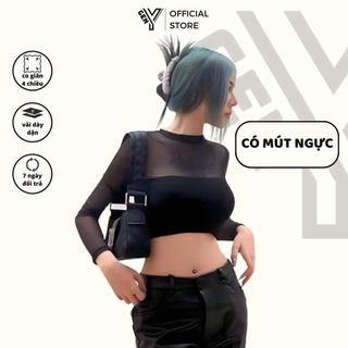 Áo croptop nữ GenY tay dài phối lưới có mút ngực Áo kiểu nữ ôm body tay lưới sexy cực chiến ADT33