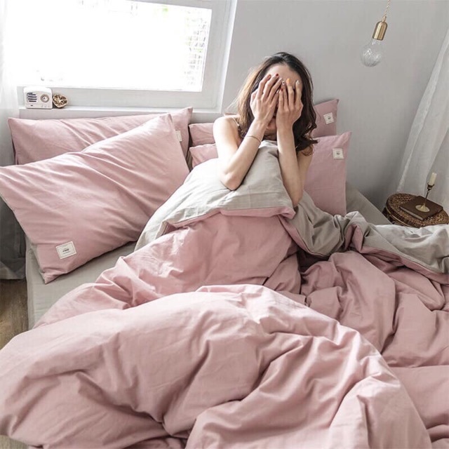 Bộ chăn ga gối cotton tici LIDACO - Hồng Ga Be