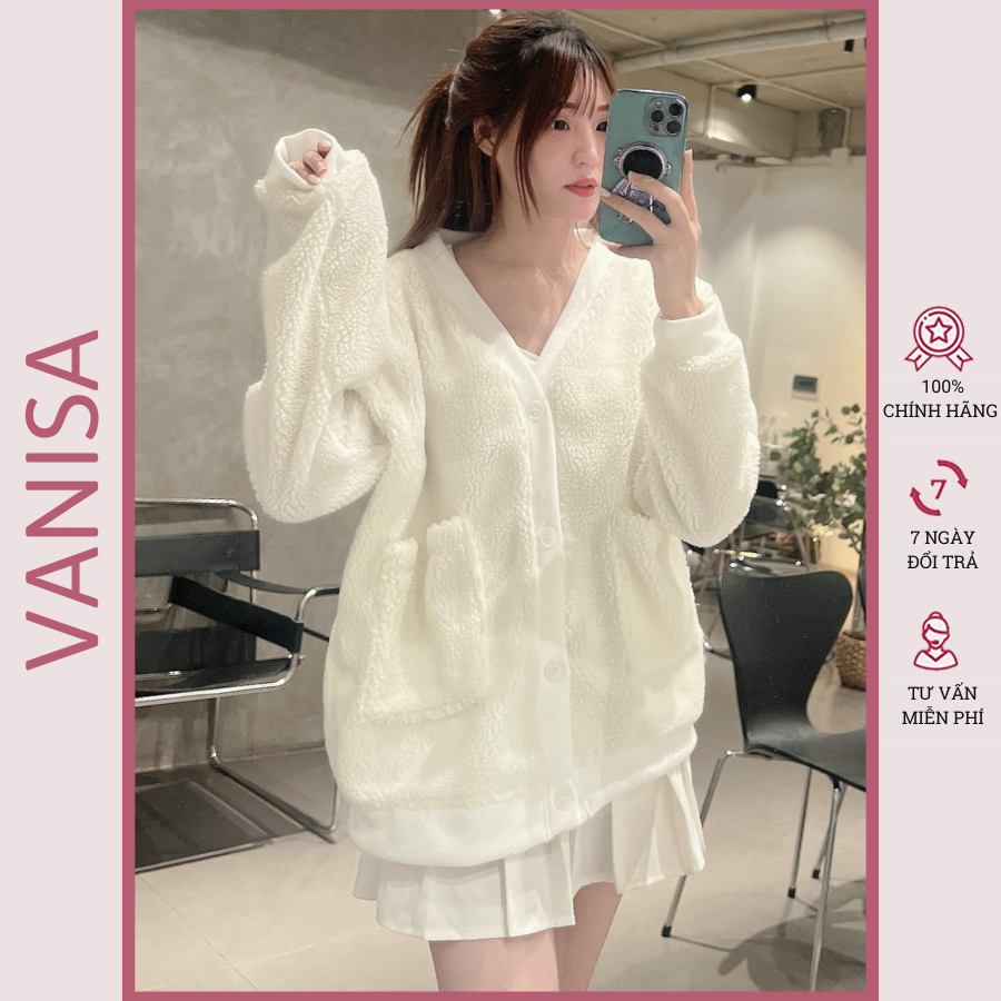 Áo khoác cardigan nữ lông cừu nỉ len bigsize lông cừu dày mịn form rộng VANISA AK018