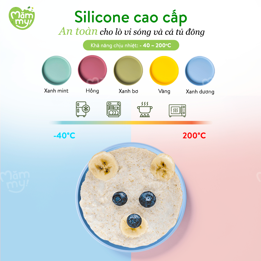 Đĩa ăn dặm silicon cao cấp Mămmy Silicone Baby Food Plate với đế hít chắc chắn chống đổ, không bám mùi, bám dầu