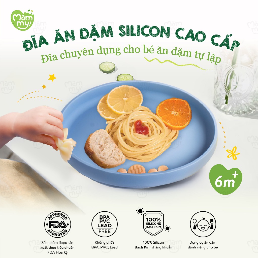 Đĩa ăn dặm silicon cao cấp Mămmy Silicone Baby Food Plate với đế hít chắc chắn chống đổ, không bám mùi, bám dầu