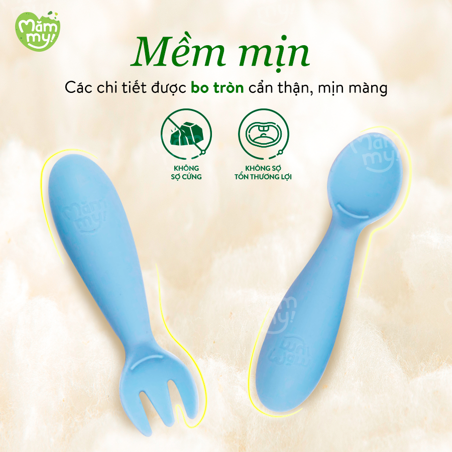 Bộ thìa nĩa silicon cao cấp Mămmy Baby Spoon & Fork Set thiết kế vừa vặn với tay bé, hỗ trợ bé tập cầm nắm, tập xúc ăn