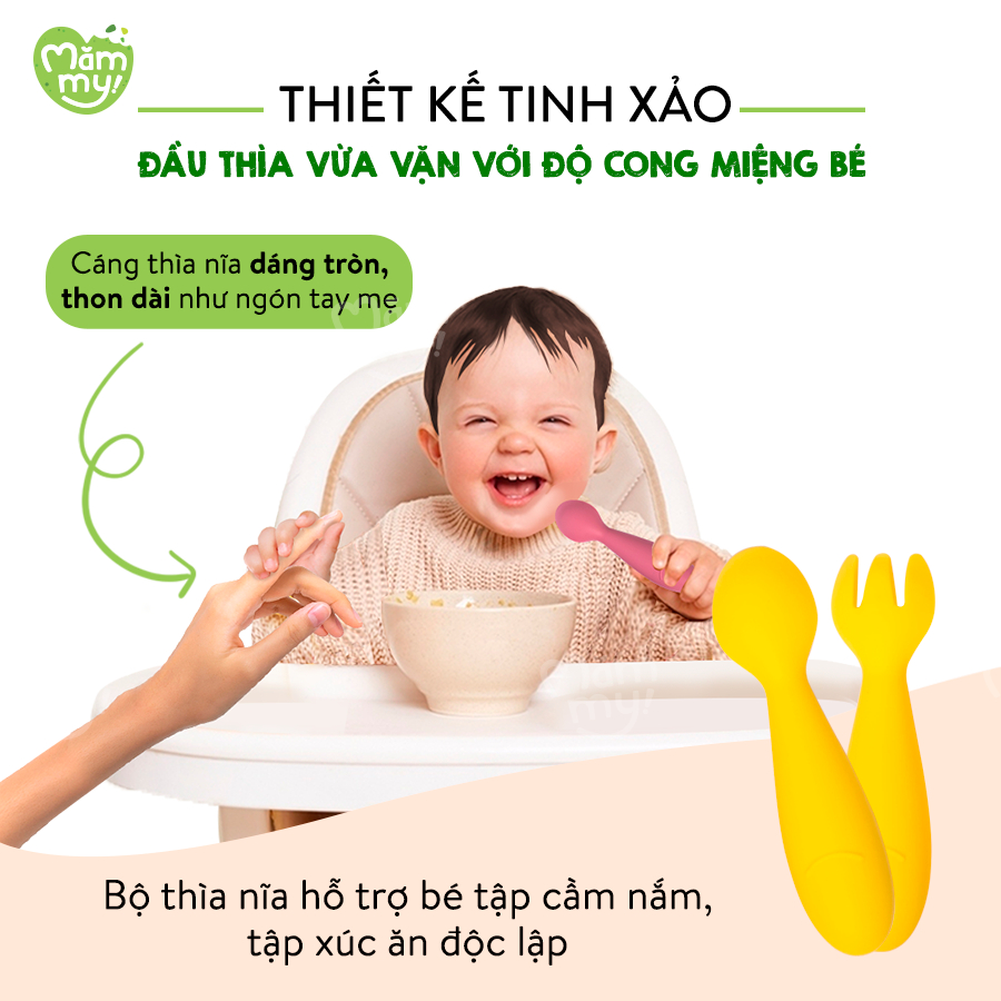 Bộ thìa nĩa silicon cao cấp Mămmy Baby Spoon & Fork Set thiết kế vừa vặn với tay bé, hỗ trợ bé tập cầm nắm, tập xúc ăn