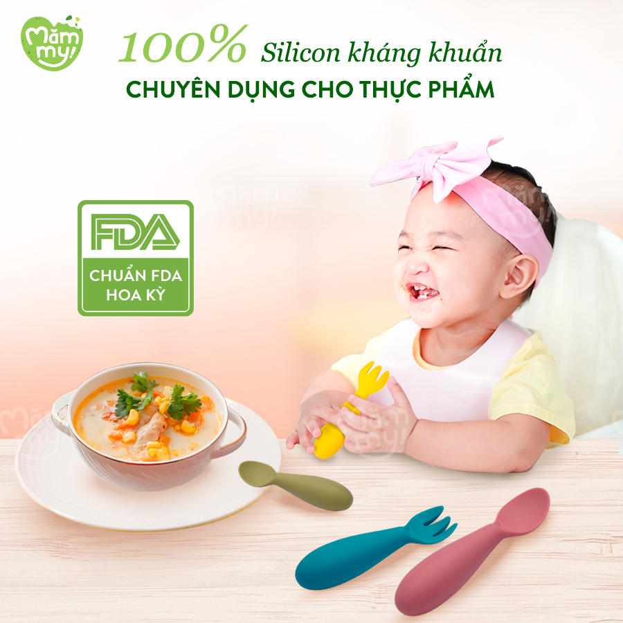 Bộ thìa nĩa silicon cao cấp Mămmy Baby Spoon & Fork Set thiết kế vừa vặn với tay bé, hỗ trợ bé tập cầm nắm, tập xúc ăn