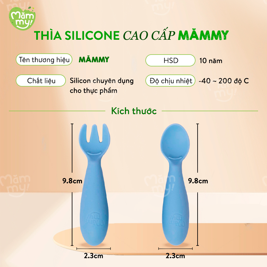 Bộ thìa nĩa silicon cao cấp Mămmy Baby Spoon & Fork Set thiết kế vừa vặn với tay bé, hỗ trợ bé tập cầm nắm, tập xúc ăn