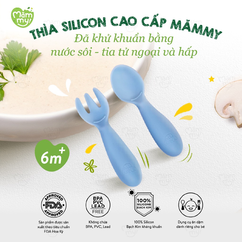 Bộ thìa nĩa silicon cao cấp Mămmy Baby Spoon & Fork Set thiết kế vừa vặn với tay bé, hỗ trợ bé tập cầm nắm, tập xúc ăn