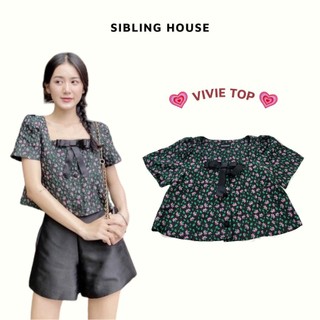  Mẫu 2024 Áo kiểu nữ form ngắn tay phồng cổ chữ U vải gấm hoa phối nơ trước ngực Vivie Top -Sibling House