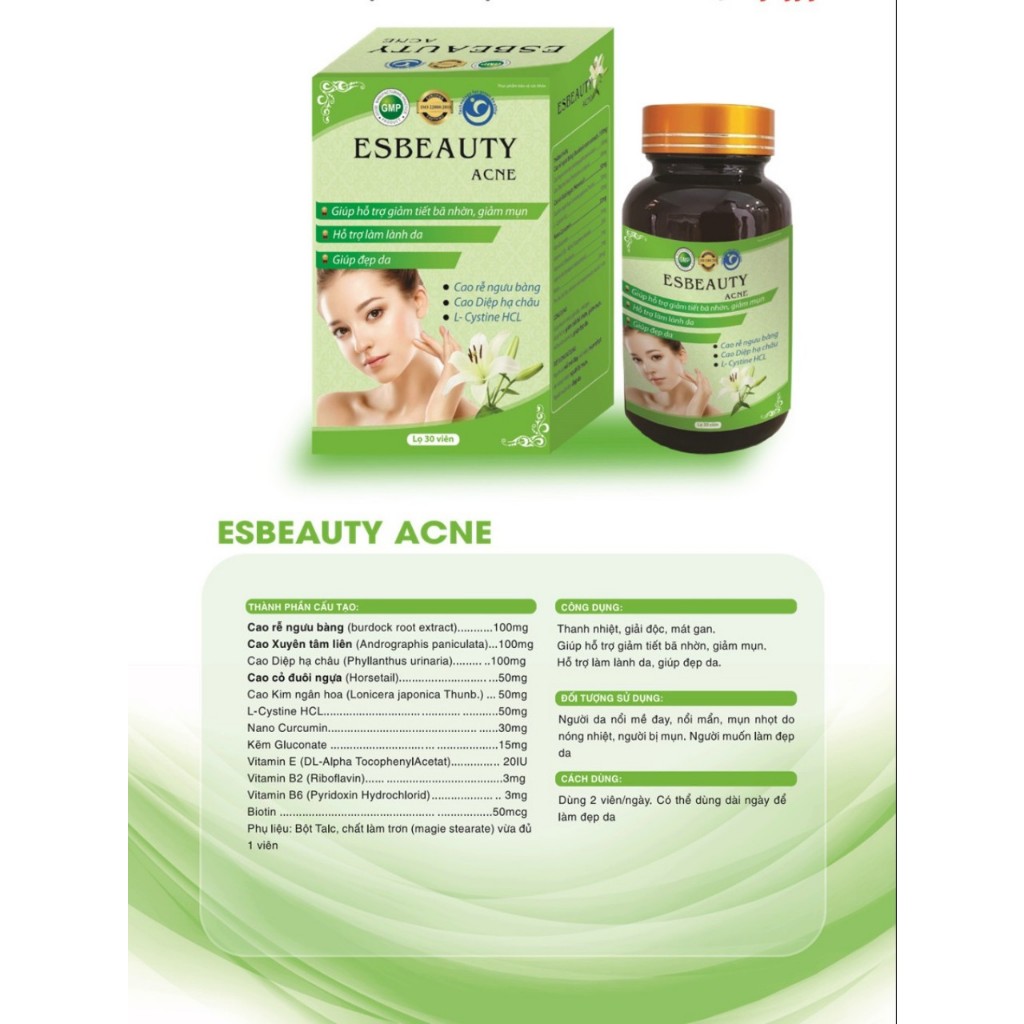 TPBVSK Viên uống giảm mụn Esbeauty Acne Nam và Nữ thải độc, ngừa thâm và điều tiết bã nhờn
