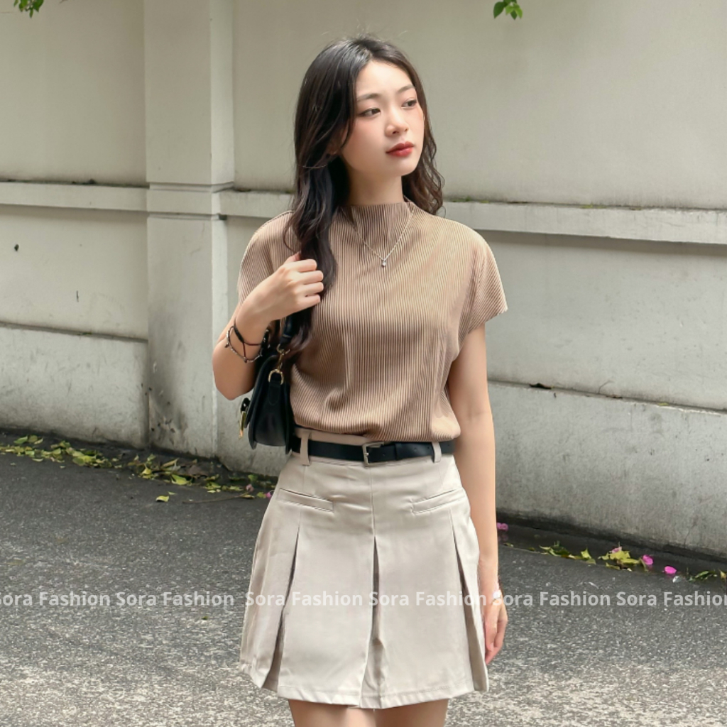 Chân Váy Xếp Ly Ngắn Bigsize Kèm Đai Lưng Sora Fashion,Chân Váy Chữ A Dáng Ngắn Cạp Cao Chất Liệu Kaky 116