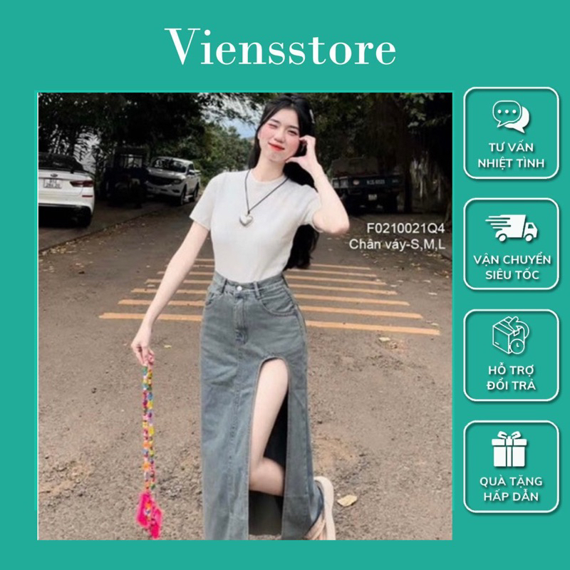 Chân váy jean dáng dài xẻ tà cao, chân vay nữ sang trọng VIENS STORE