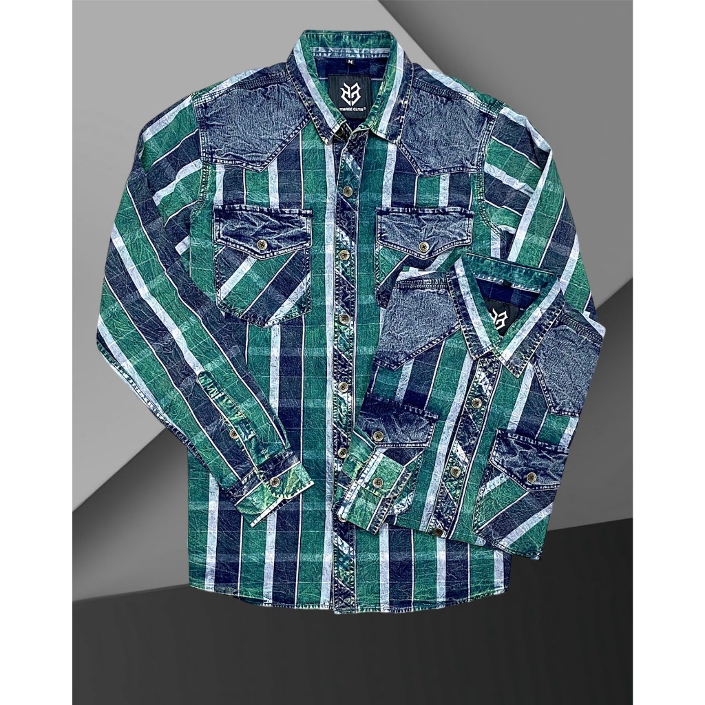 Áo sơ mi nam tay dài sọc caro xanh đắp denim nổi bật chi tiết như hình  S3016 K3 STORE