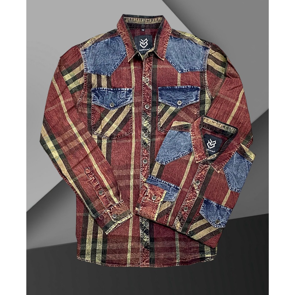 Áo sơ mi tay dài nam sọc caro đỏ đắp denim mẫu mới chi tiết như hình S3015 K3 STORE