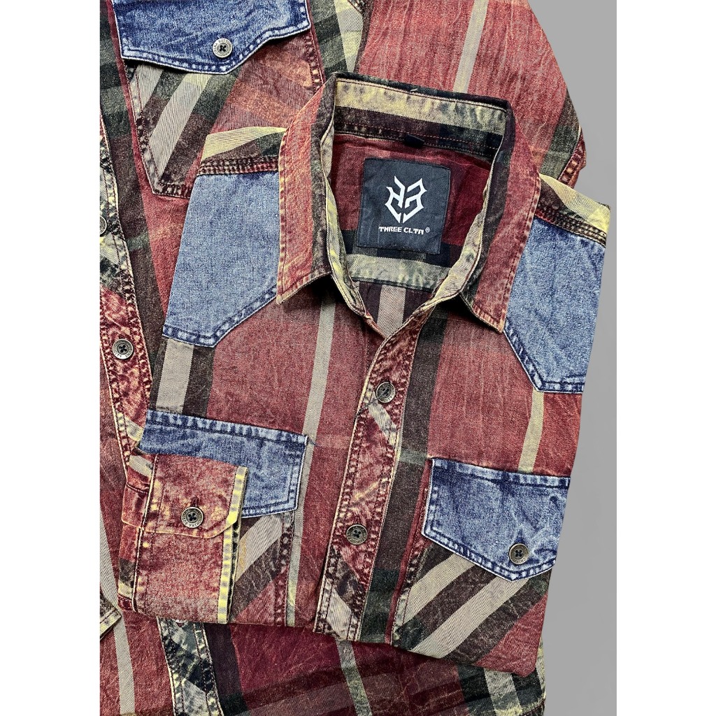 Áo sơ mi tay dài nam sọc caro đỏ đắp denim mẫu mới chi tiết như hình S3015 K3 STORE
