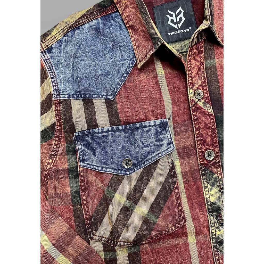 Áo sơ mi tay dài nam sọc caro đỏ đắp denim mẫu mới chi tiết như hình S3015 K3 STORE