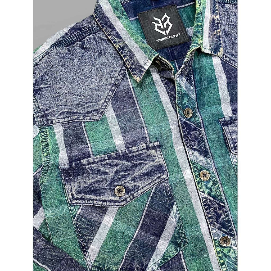 Áo sơ mi nam tay dài sọc caro xanh đắp denim nổi bật chi tiết như hình  S3016 K3 STORE