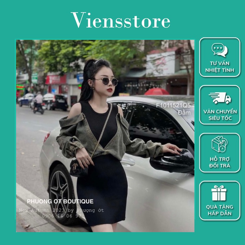 Đầm body thun trễ vai tay dài, đầm giả áo sơ mi jean cá tính VIENS STORE
