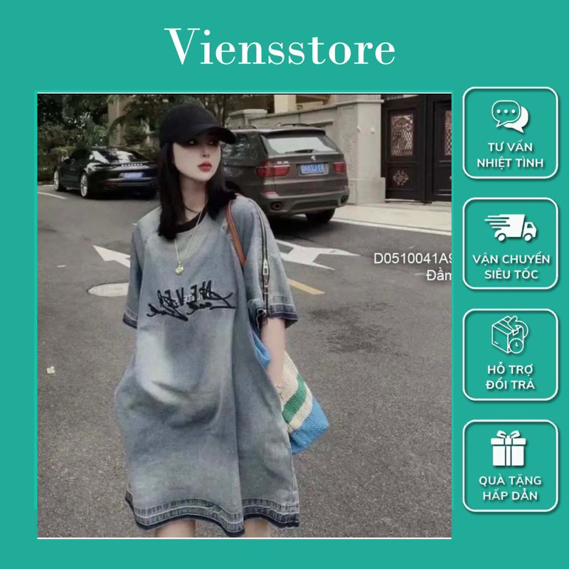 Đầm suông jean cổ tròn, đầm form rộng ngực phối chữ sang trọng VIENS STORE