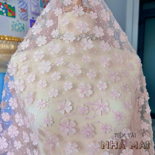 1m vải lưới thêu hoa kim sa 3d màu hồng phấn