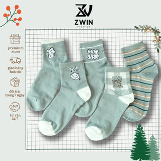 Sét 5 Đôi Tất Chân Tất Vớ Cổ Cao Nam Nữ Họa Tiết Cún Xanh Ngọc Chất Cotton Co Giãn VT26 - Zwin Fashion