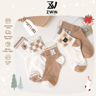 Sét 5 Đôi Tất Vớ Cổ Cao Nam Nữ Họa Tiết Gấu Trắng Nâu Chất Cotton Co Giãn VT27 - Zwin Fashion