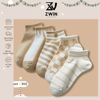 Sét 5 Đôi Tất Chân Tất Vớ Cổ Ngắn Nam Nữ Họa Tiết Gấu Kẻ Sọc Chất Cotton Co Giãn VT02 - Zwin Fashion
