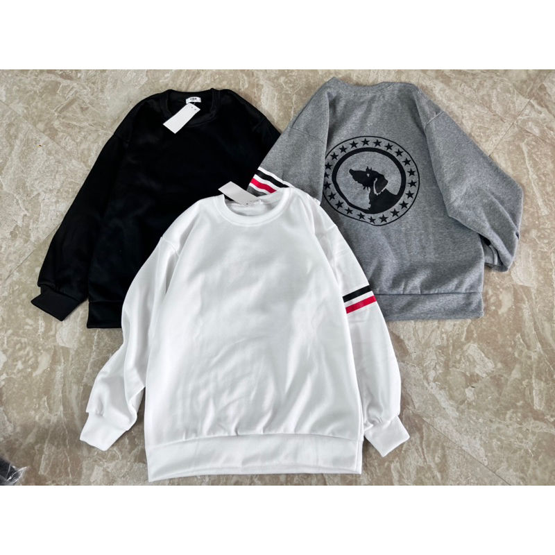 Áo Sweater nỉ bông vạch tay đỏ cún in lưng cổ tròn Haiphuc