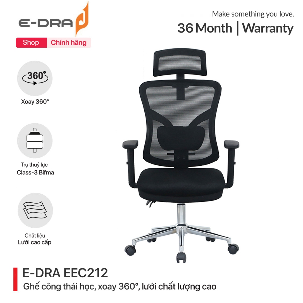 Ghế công thái học Ergonomic E-DRA EEC212 - Xoay 360 độ - Chất liệu lưới - Trụ thủy lực Class 3 Bifma - Hàng chính hãng