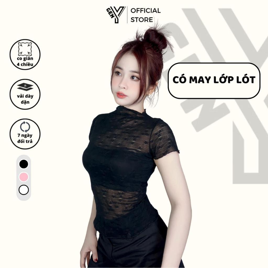 Áo kiểu nữ lưới hoa GenY ngắn tay cổ tròn chất vải lưới mềm mại có thêu hoa nhí mặc siêu thoáng mát C16