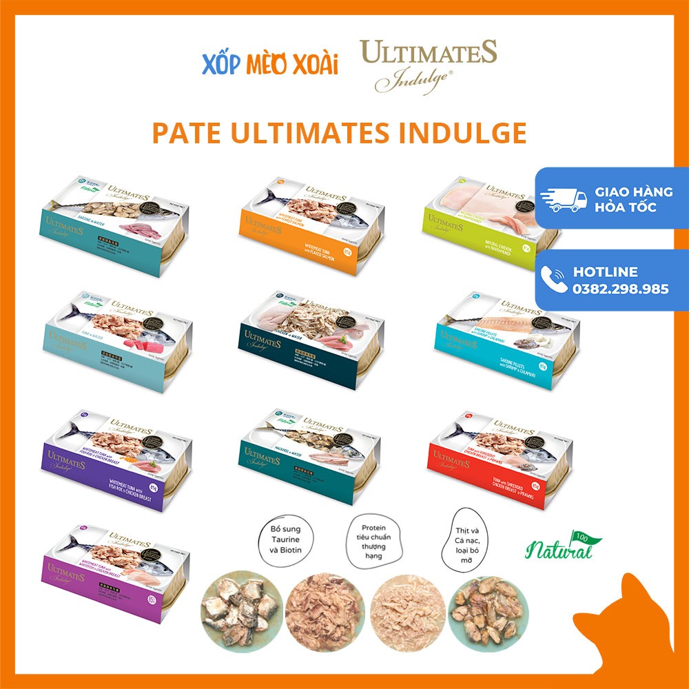 Pate Cao Cấp Cho Mèo ULTIMATES INDULGE Lon 85g - Thức ăn ướt dinh dưỡng, chất lượng cao Water Series, Jelly Series 10 vị