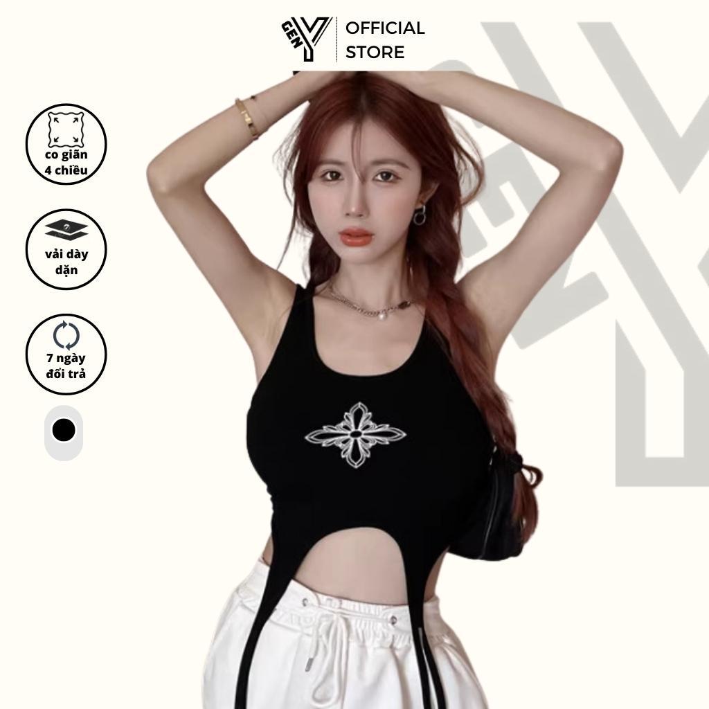 Áo ba lỗ nữ GenY in hình thập giá dáng áo croptop ôm body phối dây eo siêu tôn dáng chất vải borip dày dặn 3L5