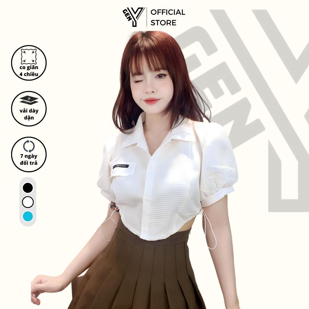 Áo croptop nữ GenY cổ sơ mi phối rút dây eo, Áo kiểu nữ ngắn tay tay phồng phối nút chất xốp siêu xinh -C41-