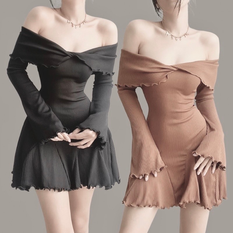 Đầm trễ vai tay loe cuốn biên dáng xòe cực xinh , chất thun gân mềm mịn