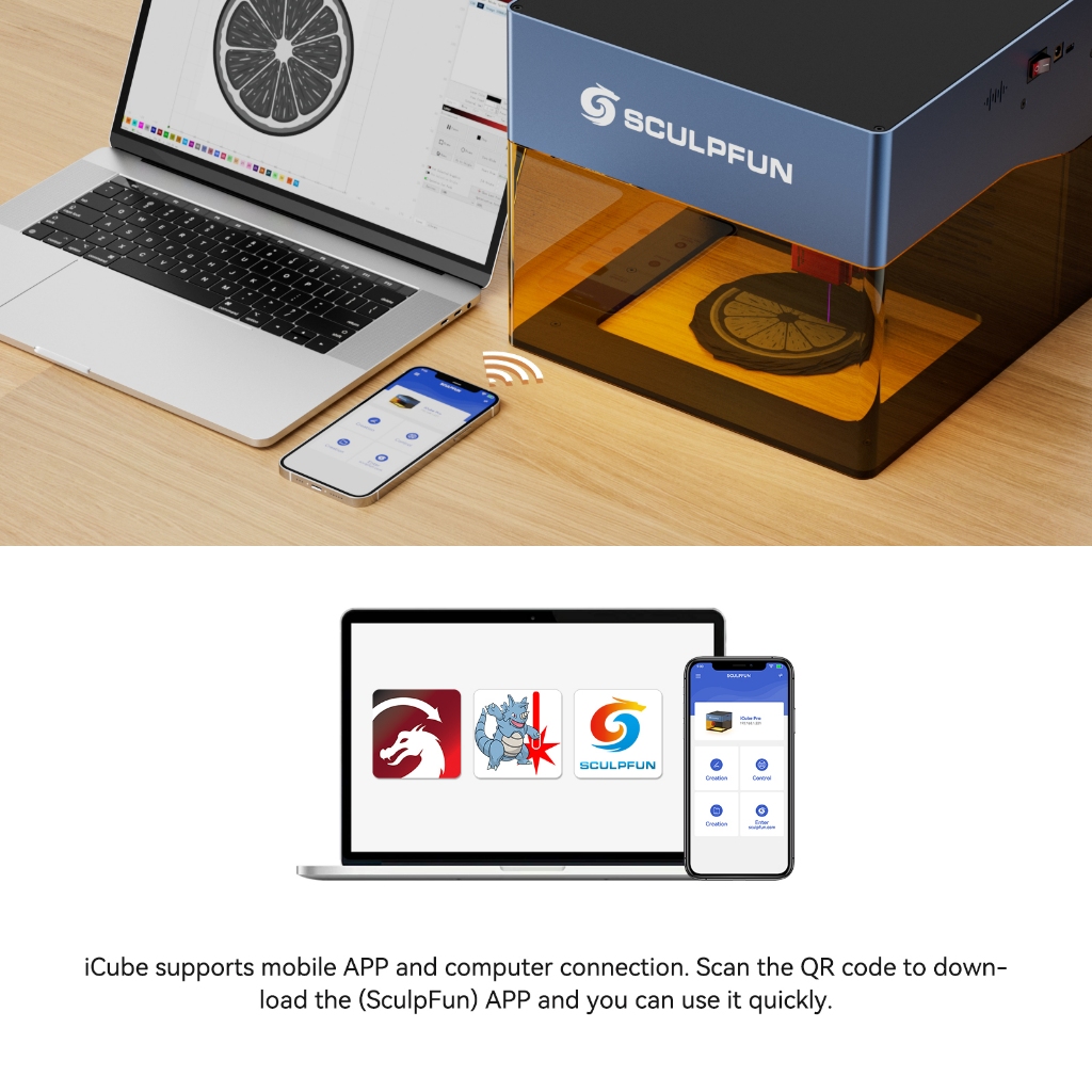 CAMINO Máy khắc laser mini SCULPFUN iCube,khắc da, bảng gỗ, acrylic,Điều khiển qua APP máy tính/điện thoại di động