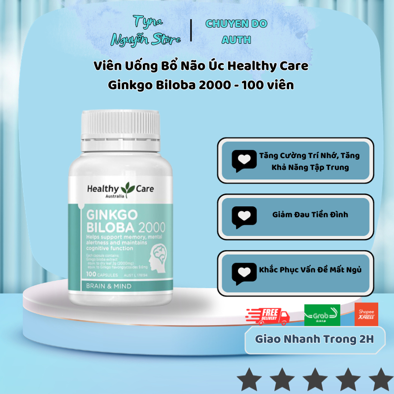 Viên Uống Bổ Não Úc Healthy Care Ginkgo Biloba 2000 100 viên Mẫu Mới Date Xa - Hỗ Trợ Lưu Thông Tuần Hoàn Máu Não