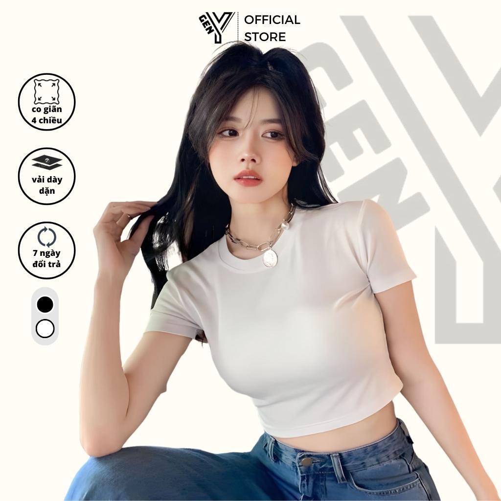 Áo croptop ôm body GenY vải COTTON 2 DA dày dặn tay ngắn cổ tròn tôn thiết kế basic trắng đen cá tính C38