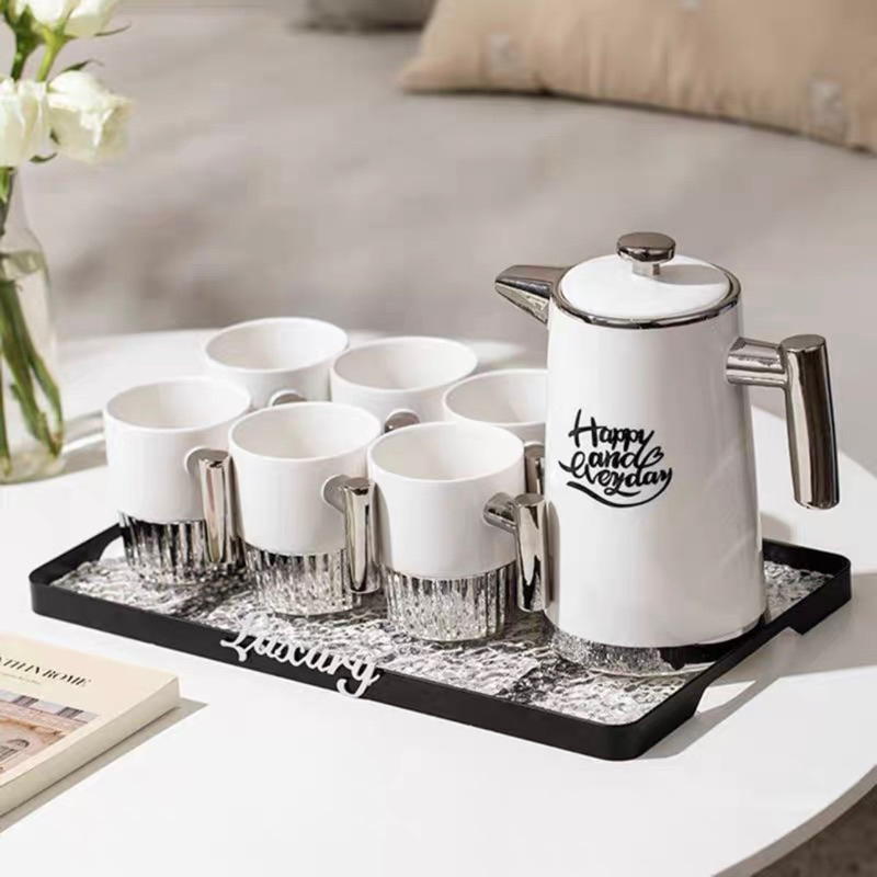 Bộ ấm chén khay sứ viền bạch kim phong cách Bắc Âu sang trọng
