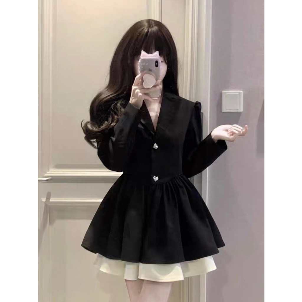 Váy đen phối trắng cổ vest YIMI Váy nữ tiểu thư