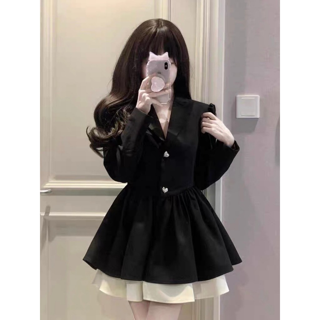 Váy đen phối trắng cổ vest YIMI Váy nữ tiểu thư