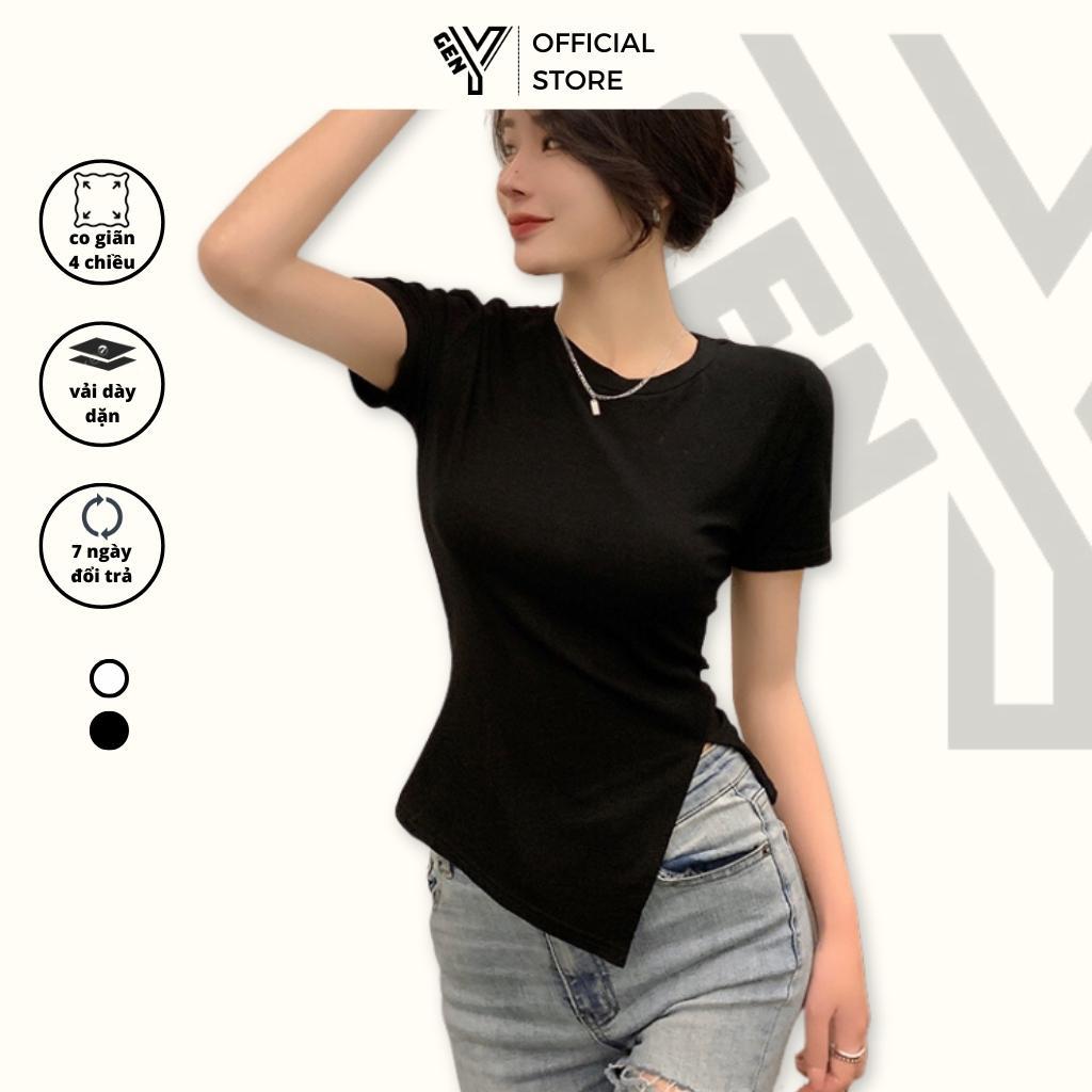 Áo kiểu nữ vạt nhọn xẻ tà GenY ngắn tay cổ tròn với thiết kế chiết eo ôm body tôn dáng chất vải gân lụa co giãn C34