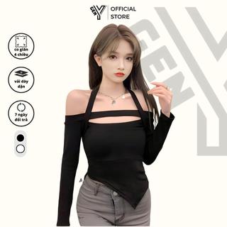 Áo tay dài nữ trễ vai GenY khoét ngực phối dây choàng cổ Áo kiểu nữ bẹt vai vạt nhọn hack eo ADT1